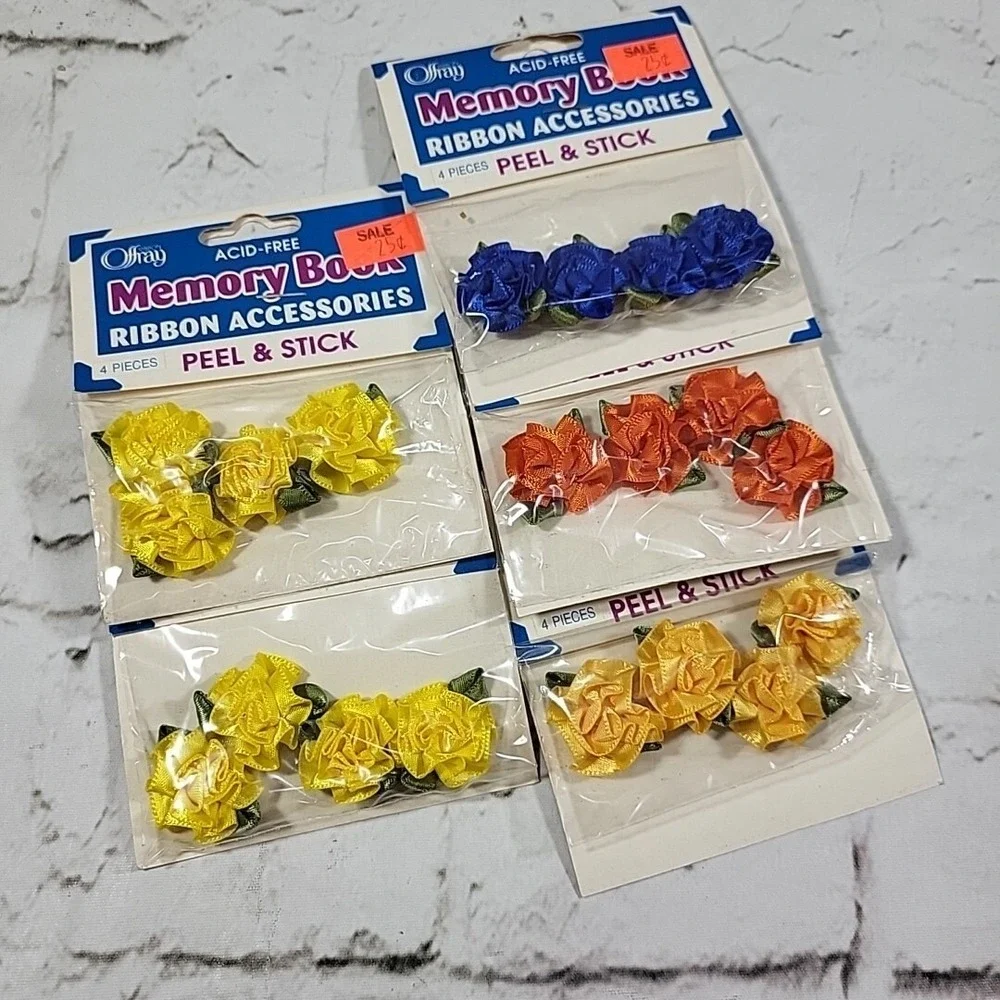 Vintage Peel & Stick Ribbon Roses‎ Lot Of 5 Packs Yellow Blue Orange Crafts